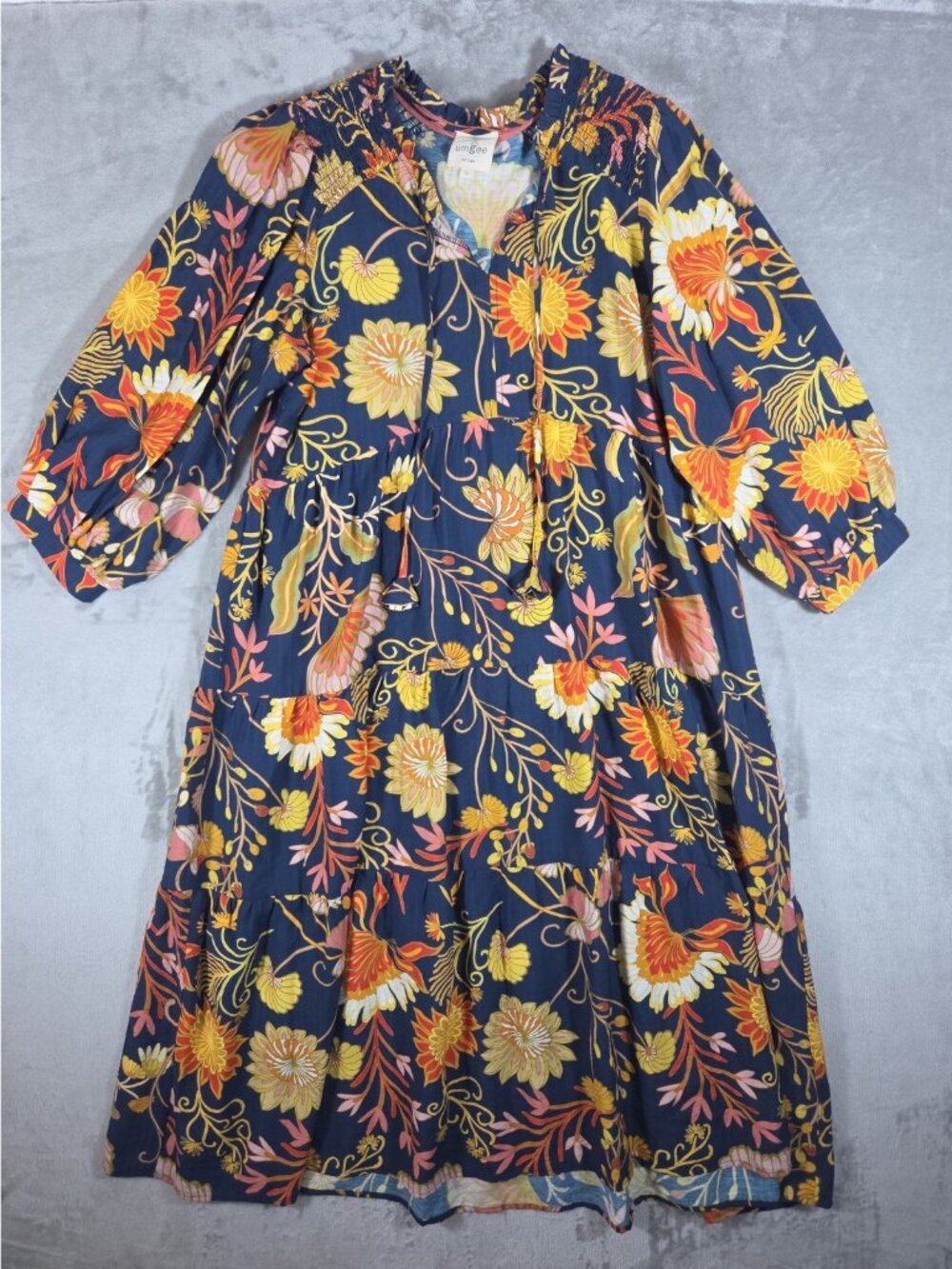 Umgee Navy Gold Floral Peplum Boho Maxi Dress Long Sleeve Large